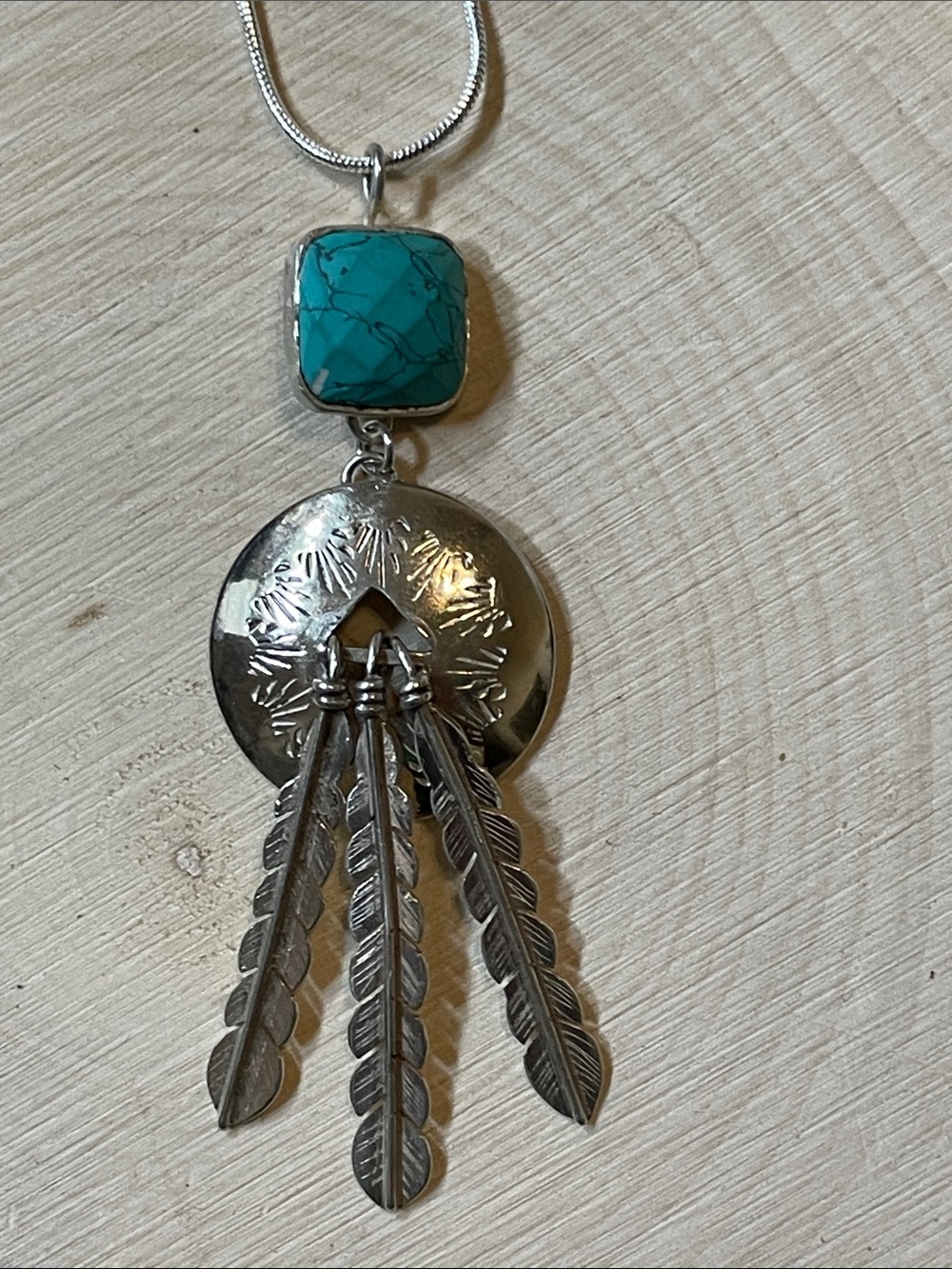 Turquoise Stone Sterling Silver Feather Pendant Necklace